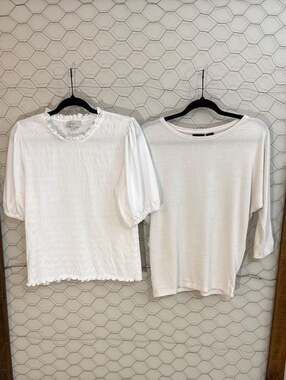 2 White Tops: LOFT Smocked Ruffle Puff Sleeve Blouse & Rachel Zoe Textured Knit